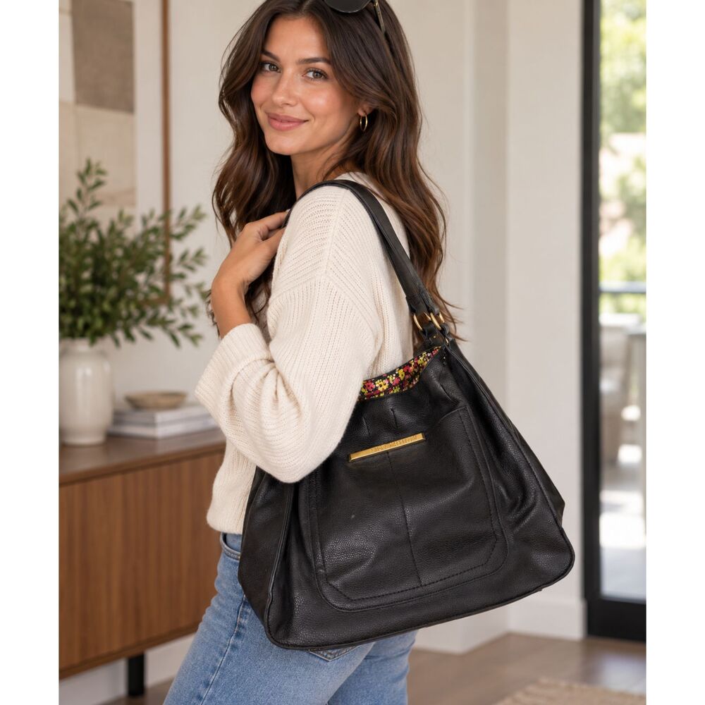 Steve Madden Black Shoulder Bag Tote Floral Lining Gold Hardware Large Purse